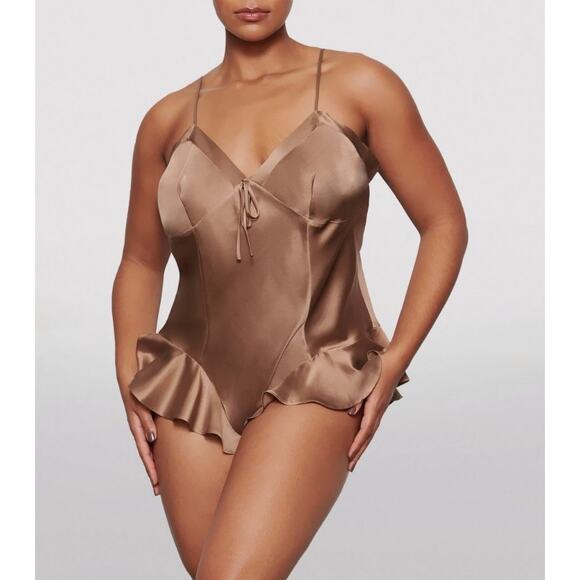 NWT Skims Kim Kardashian 3X Light Brown Silk Teddy Lingerie Soft Spandex - Picture 1 of 11